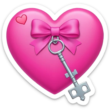 neon heart with a pink bow, heart pattern on the bow, and a silver key, emoji style sticker