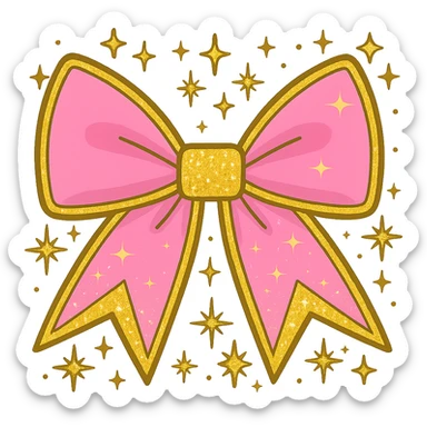 Add a shiny gold outline to the sparkly pink bow with extra glitter and stars, keep the background transparent. sticker