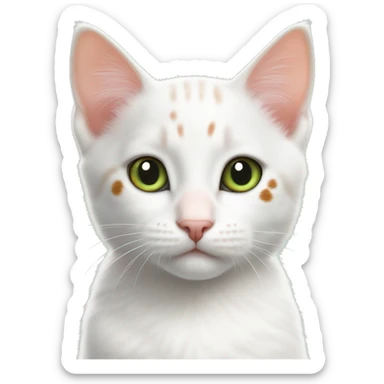 One White kitten with orange and black spots  Green eyes, pink nose  Black spot on left eye  Orange spot on right eye  On all four paws sticker