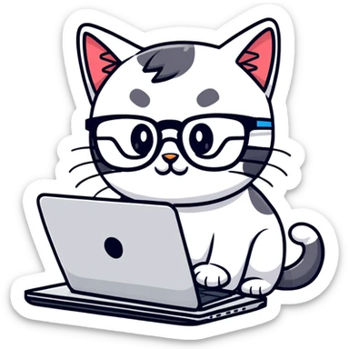 cartoon cat with glasses coding on a laptop sticker