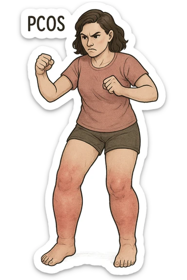 vertical format medical illustration of a woman with PCOS visually battling her swollen legs, focus on legs, no background sticker