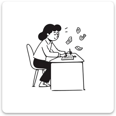 A student at a desk writing an essay that begins with "Dear God" in clear handwriting, surrounded by crumpled paper drafts sticker