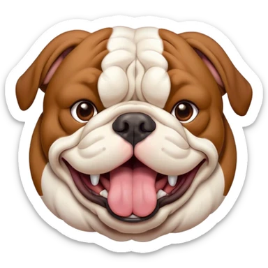 Cinematic Cute Yawning Brown and White English Bulldog Portrait Emoji, Head tilted slightly with a dramatic, wide-open yawn, showcasing a smooth brown and white coat with a defined pattern, floppy ears slightly drooping, round brown eyes barely open in drowsy contentment, Simplified yet irresistibly adorable features, highly detailed, glowing with a soft, cozy glow, high shine, relaxed yet expressive, stylized with a touch of whimsy, bright and endearing, soft glowing outline, capturing the essence of a sleepy yet affectionate guardian, so drowsy it feels like it could stretch out of the screen and curl up for a nap! sticker