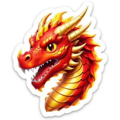 Cinematic Comical Fierce Fire Dragon Portrait Emoji, Head tilted dramatically with an exaggeratedly amused expression, featuring a striking, flame-draped body with bold, blazing scales in intense red and molten gold, and eyes twinkling with fiery mischief; rendered with vivid, lifelike textures and dynamic, flickering shadows, high shine, dramatic yet playful, styled with an air of cheeky volcanic mischief, soft glowing outline, capturing the essence of a spirited and over‐the‐top inferno that looks ready to burst into a cascade of playful embers! sticker