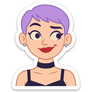 Make her raise her eyebrows and smirk, keeping the same style, pastel purple pixie hair, black choker, red lipstick, lip ring, and fashionista vibe. Transparent background. sticker