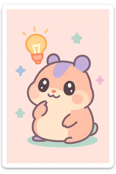 whimsical hamster with big eyes, pondering, with a bright idea lightbulb, kawaii illustration sticker