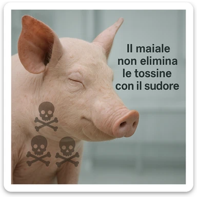 close-up of a pig with dry skin and closed pores, toxin symbols visible inside the body, clinical atmosphere, Italian text: 'Il maiale non elimina le tossine con il sudore', 4K quality sticker