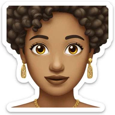 woman with short curly dark hair, skin tan, brown eyes, gold different earings, three earings in the right ear sticker