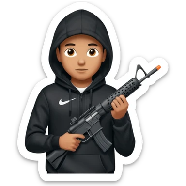 
Fais moi un jeune taliban qui ressemble qui tient une AR15 avec un hoodie a capuche, capuché, avec la cagoule nike therma fit hood sticker