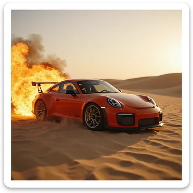 Cinematic shot, Porsche 911 gt3 rs in fire, desert, sunny day, dubai in background sticker