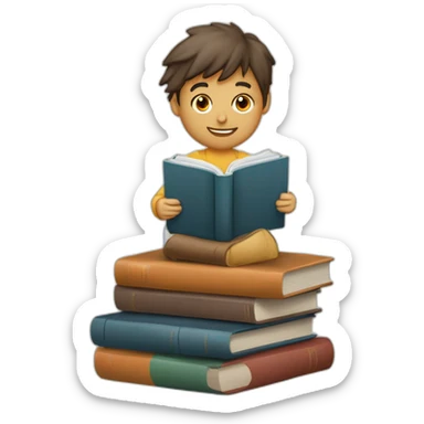 imagen estilizada de un estudiante junto a todos sus libros que son muchos sus libros y una mascota sticker