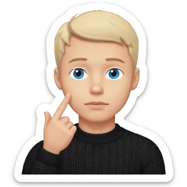 man in black knitted sweater in thinking pose, blue eyes, index finger touching his chin, eyes looking up to the top right sticker