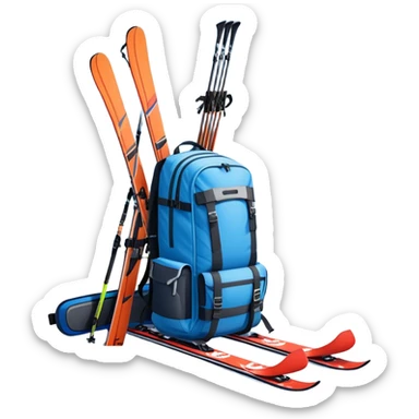 An icon showing a close-up of a biathlon backpack, a pair of skis, and a biathlon rifle resting against snow. In the background, a beautiful winter landscape with snowy trees and mountains under a clear sky. Transparent background reflects the sport’s precision and rugged endurance. sticker