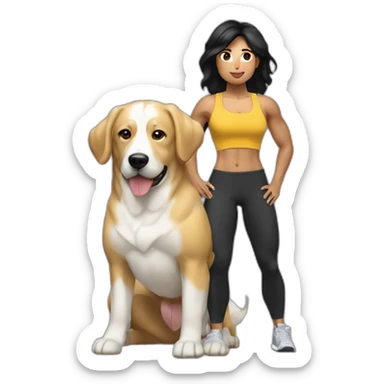 crossfit woman with black hair, white and doing lowering. And a golden dog at her side sticker