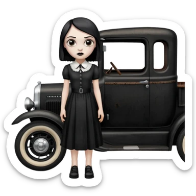 zombie gothic Wednesday Addams.creepy, 1929 ford pickup, hot rod.  sticker
