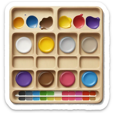 wooden painting palette, paint mixing tray with applied paint colors sticker
