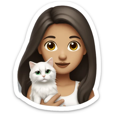 Dark brown straight hair girl with holding fluffy Siberian white cat  sticker