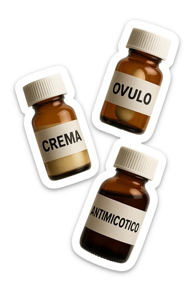boccette di farmaci fluttuano in aria con le scritte: crema, ovulo o antimicotico in italiano sulle etichette, IPERREALISTICO 4K sticker