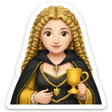Helga Hufflepuff, 2 curly thick brown braids, yellow-black medieval dress, black cloak decorated with gold braiding, tiny two-handled shiny yellow-gold cup, very kind smile, curvy busty sweet woman, thick rosy cheeks sticker