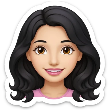a woman is smile, her hair is long wavy and the color is black, her eyes color are brown and the color of her lip is soft pink sticker