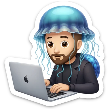 a developer with a jellyfish on his laptop sticker