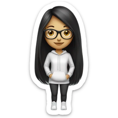 une fille avec de long cheveux noir lisse, la peau blanche ,et avec des lunette (en forme de carrer un peu déformé) assez grosse comparer a ça tête , portant un pull noir sticker