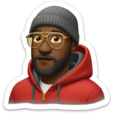 black man with beard, red hoodie on head, and gold framed glasses sticker