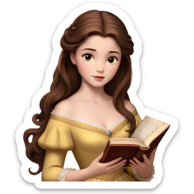 Cinematic Realistic Belle Portrait, depicted with lifelike skin texture, soft natural lighting, and intricately detailed brown hair styled elegantly. Her deep, expressive eyes exude warmth and intelligence, complemented by a serene and graceful expression. She gently holds a book in one hand, her other hand resting at her side, radiating an aura of beauty and intellect. She is dressed in her classic yellow ball gown, the fabric rich in texture with delicate folds that catch the light beautifully. The portrait features a soft, enchanting glow with a natural, radiant finish, capturing the essence of timeless beauty in a realistic and painterly style, evoking a sense of depth and authenticity. sticker