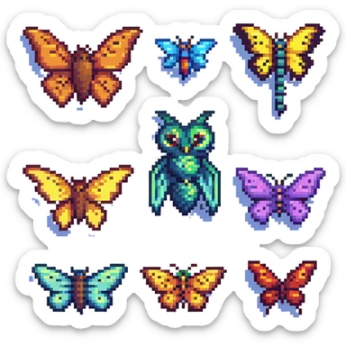 a lineup of winged animals including a bird, bat, butterfly, and dragonfly in pixel art style sticker