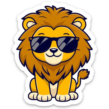 whimsical lion emoji with full mane in golden brown shades, wearing fashionable sunglasses with mirror-like lenses, expressive playful face, big smile, minimal clean background sticker