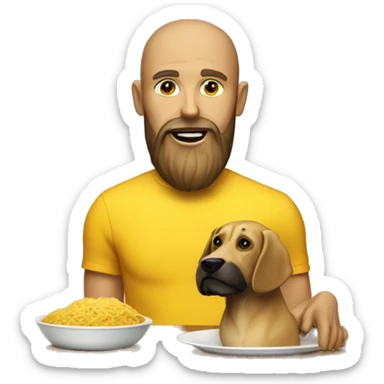 A yellow skinned man with beard with a plate in front of him on a table. there is a dog on the table. sticker