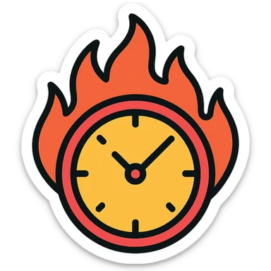 minimal color icon of a round clock with bright vivid flames, clean lines sticker