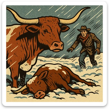Texas Longhorn cattle stuck in the thick snow on the Great Plains with a dead cow on the floor. In the background is a desperate looking cowboy searching for the cattle in freezing temperatures. sticker