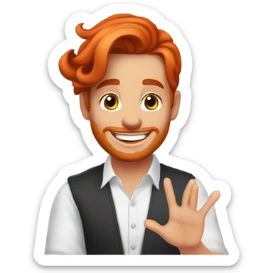 The manicure master is a red-haired girl with colored nail polishes in the background. He smiles, winks and invites you to his reception with his hand sticker