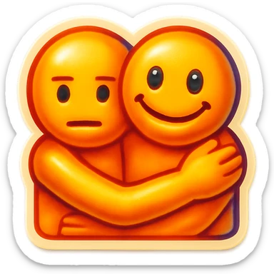 Edit the neutral poker face emoji gently hugging another emoji, with a weird smile, keep the background transparent. sticker