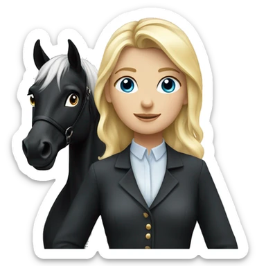 blonde equestrian girl with blue eyes standing next to a black horse sticker