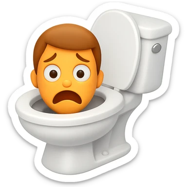 Create an image in the style of apple emojis of a toilet with a cartoonish, exaggerated head emerging from the bowl, looking scared with raised eyebrows and frowning mouth. Use a transparent background. sticker