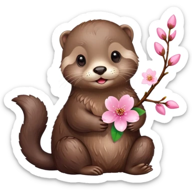 cute otter holding a cherry blossom flower sticker