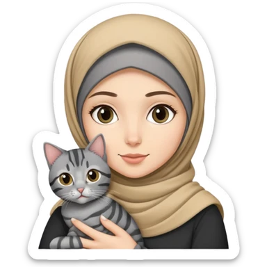 White girl wearing pretty hijab holding a black grey tabby cat while standing sticker