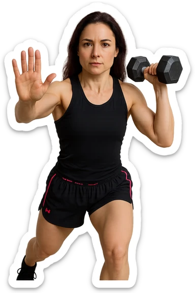 Allenamento ad alta intensità donna mentre fa pesi con in mano due manubri sticker