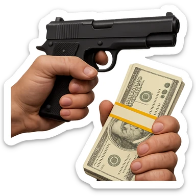 Make the emoji of a hand holding money and a pistol, inspired by Albanian mafia culture, more realistic with detailed realism. No background. sticker