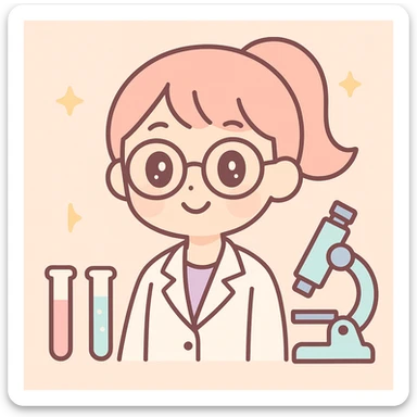 a beautiful girl scientist with glasses and a ponytail surrounded by science equipment vibrant anime style sticker