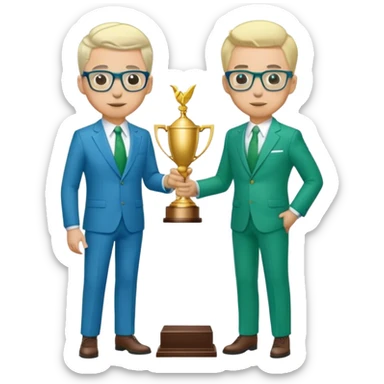 Full Body white  2 x male  wearing glasses with a goatee with light blonde and gray very short hair basketball head Coach in blue and green suit holding trophy sticker