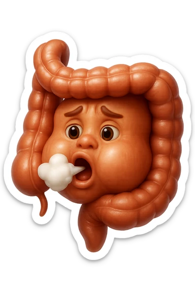 emoji stile iphone di un intestino che ingoia una nuvoletta di aria ben visibile e gli si gonfia la pancia, non fargli il naso, iperrealistico 4k sticker