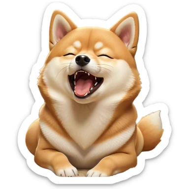 Cinematic Cute Yawning Shiba Inu Portrait Emoji, Head tilted slightly with a dramatic, wide-open yawn, showcasing a vibrant fur with a soft creamy underbelly, floppy ears slightly drooping, round brown eyes barely open in drowsy contentment, Simplified yet irresistibly adorable features, highly detailed, glowing with a soft, cozy glow, high shine, relaxed yet expressive, stylized with a touch of whimsy, bright and endearing, soft glowing outline, capturing the essence of a sleepy yet affectionate companion, so drowsy it feels like it could stretch out of the screen and curl up for a nap! sticker
