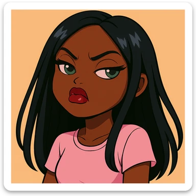 Remove the side-eye, make her look straight ahead with an angry, snooty attitude, nose turned up, headshot only, 20-year-old anime Bratz style woman with dark skin, straight hair, more casual outfit, big expressive eyes, glossy lips, no hat, no tears. sticker
