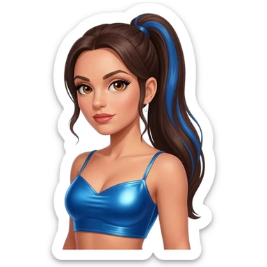 Sporty Spice from Spice Girls with hazel eyes, long dark brown ponytail hair with blue highlights, blue metallic sweetheart crop top sticker