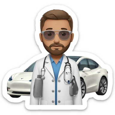 White tesla model 3 and one cool physician with dark blond hair, beard, stetoscope and dark sunglasses next to it sticker