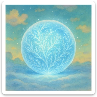 a frozen ball, shimmering with a frosty glow, ghibli-inspired style sticker