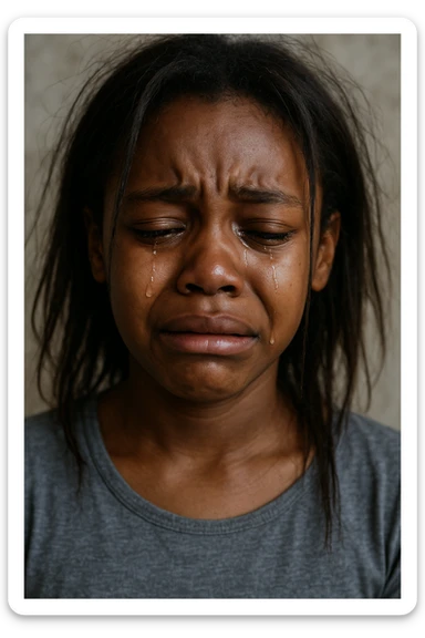 realistic style sad crying black girl with straight messy hair, expressive face, tears sticker